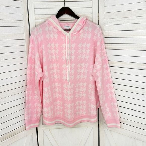 Crown & Ivy Houndstooth Hooded Long Sleeve Poncho Sweater Pink White Large - Picture 7 of 12